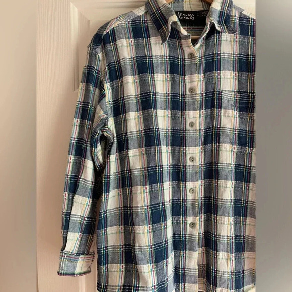 Lemon Grass Women's Textured Button Down Shirt Large Blue Pink Plaid Artsy - Picture 6 of 15